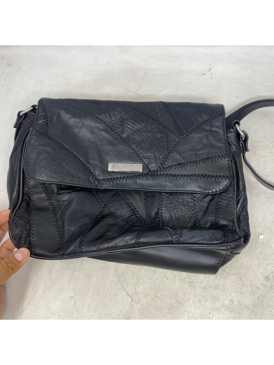 Handbags - Vintage 80s 90s Patchwork Black Faux Leather Shoulder Bag Boho Organizer Y2K
